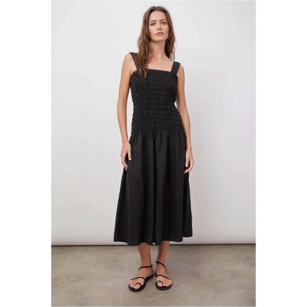 Rails Seville Dress - Black Smocked Square-Neck Midi Dress